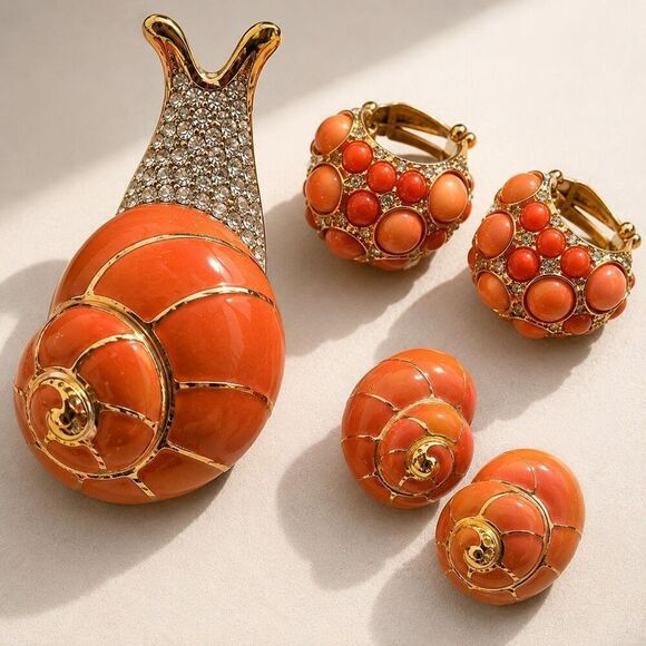 Kenneth Jay Lane Jewelry - Vintage Kenneth Jay Lane Coral Snail Brooch & Matching Earrings Set